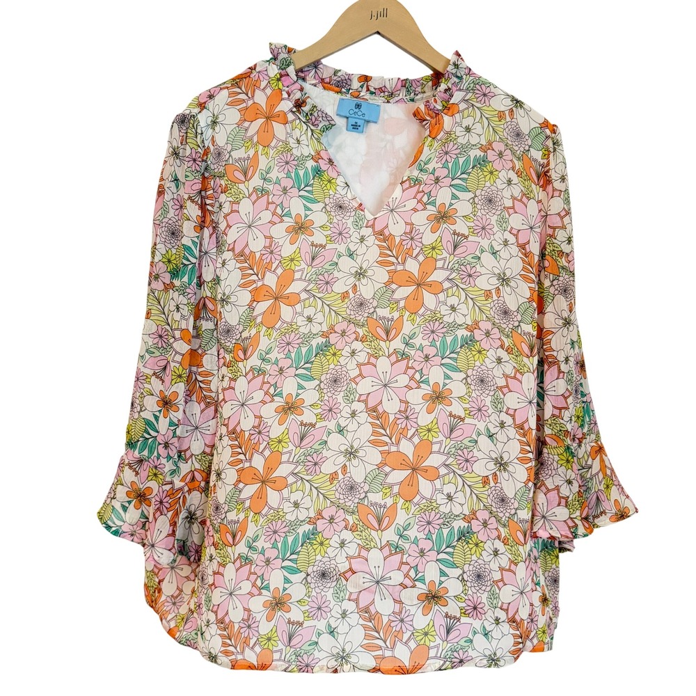 CeCe Floral Ruffle Neck Bell Sleeve Blouse size 1X NWT boho 60s mod inspired